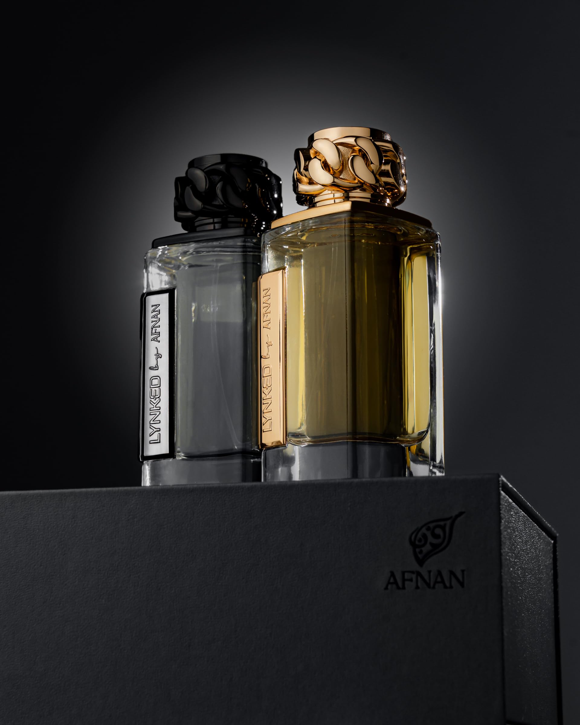 Afnan Lynked Freedom branding card with dark tones signals bold, enduring presence.