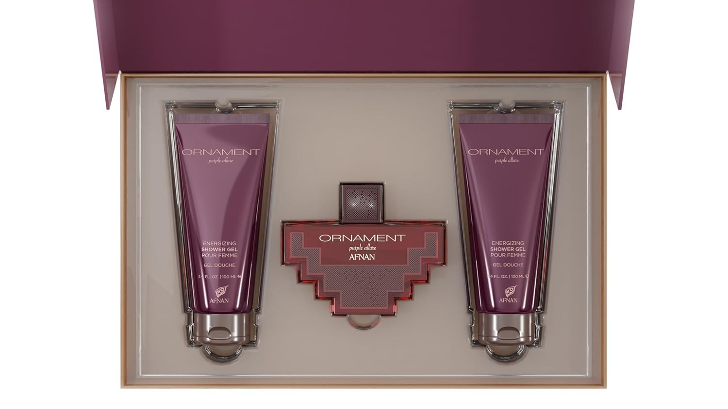 Afnan Ornament Purple Allure lotion and shower gel duo for skincare and cleansing