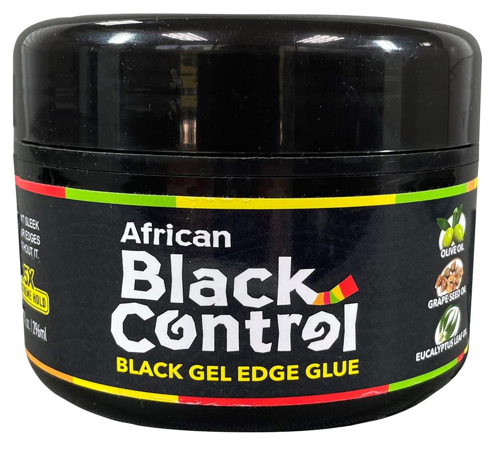 African Black Control Black Gel Edge Glue bottle delivering smooth edges and 48-hour hold