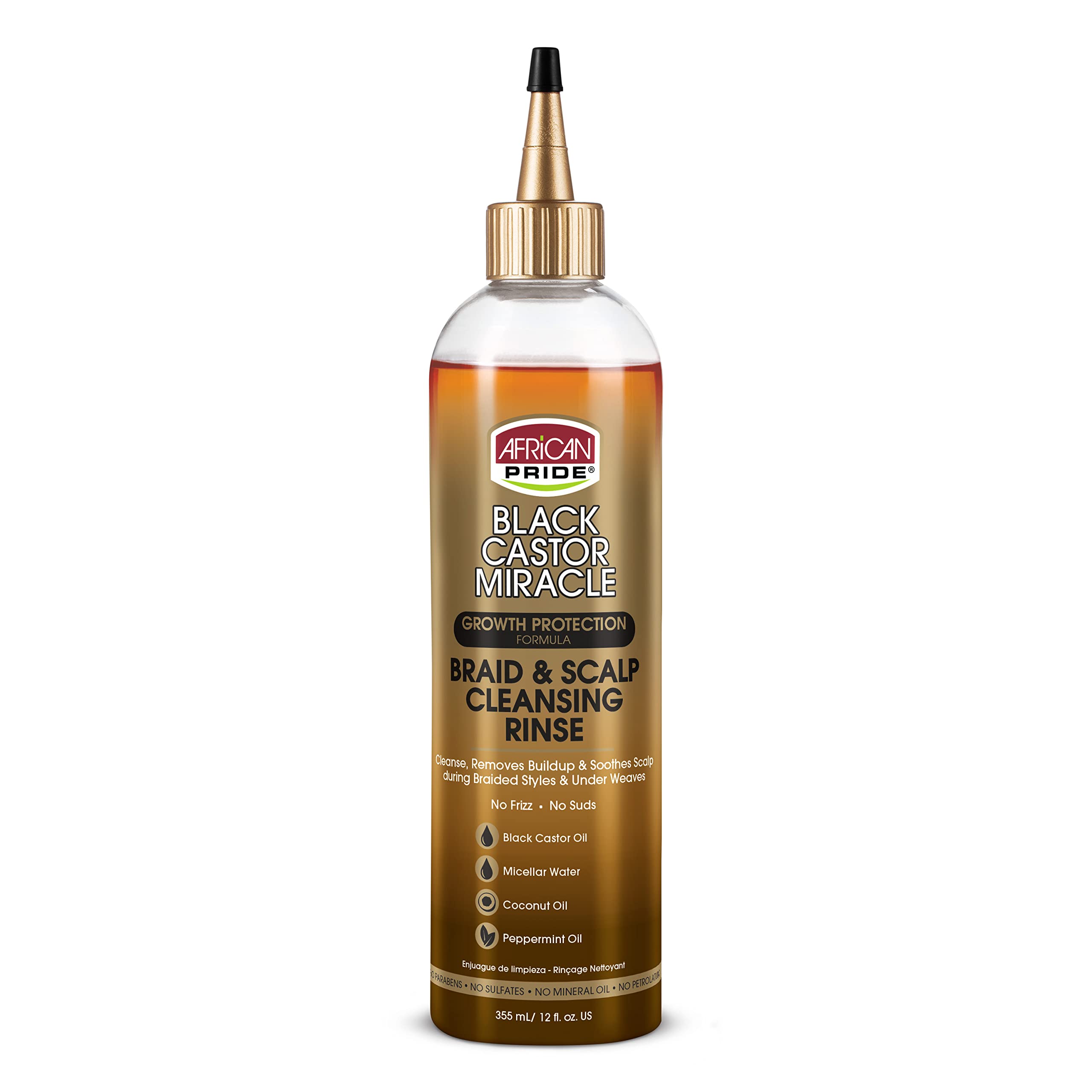African Pride Black Castor Miracle Braid Scalp Rinse bottle for gentle braid and scalp cleansing.
