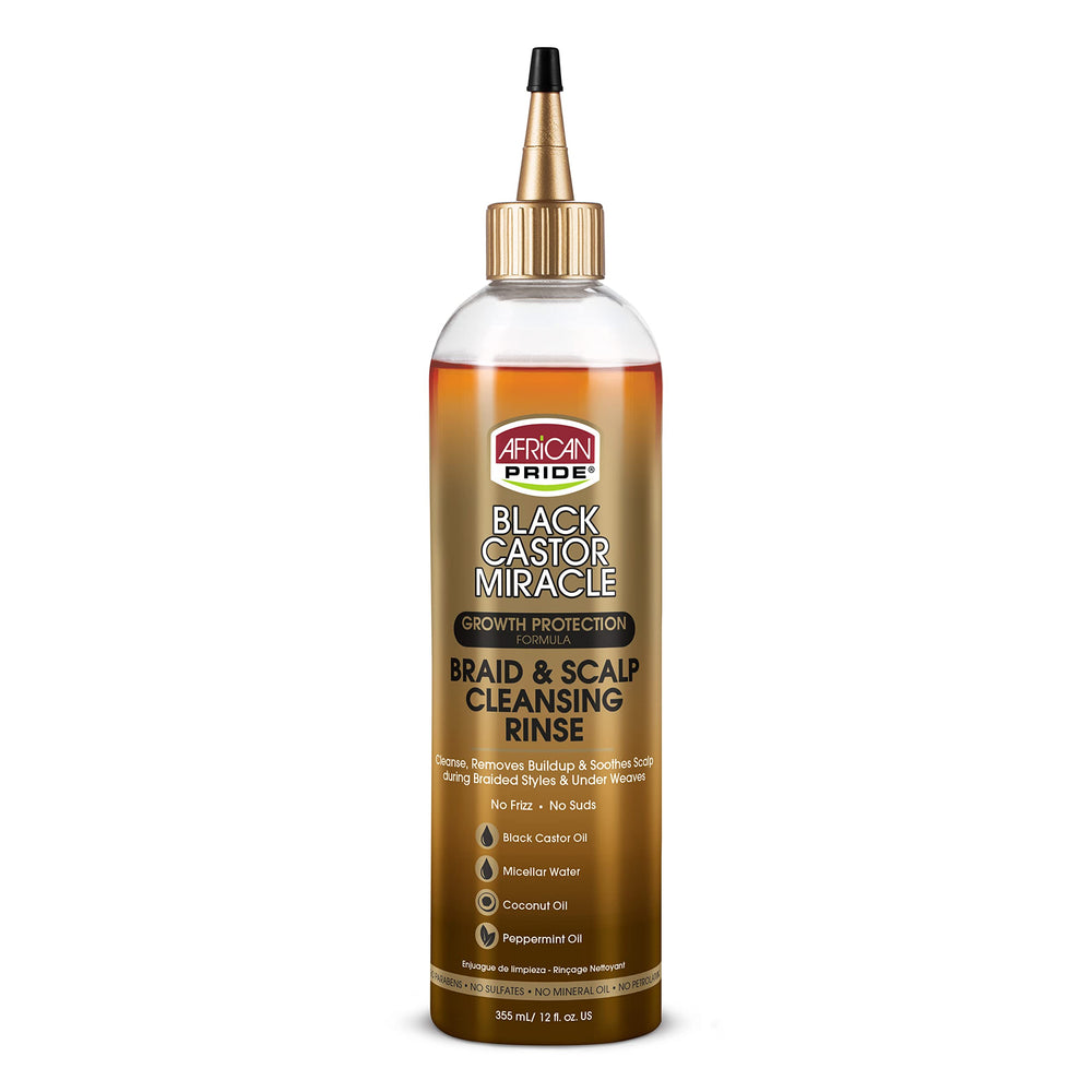African Pride Black Castor Miracle Braid Scalp Rinse bottle for gentle braid and scalp cleansing.
