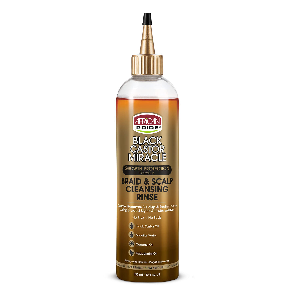 African Pride Black Castor Miracle Braid Scalp Rinse bottle for gentle braid and scalp cleansing.