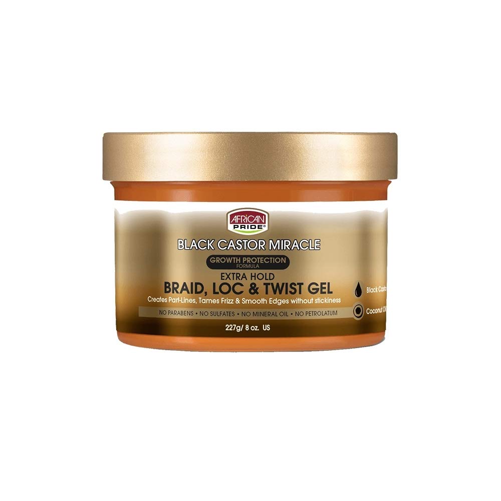 African Pride Black Castor Miracle Gel bottle for long-lasting braid, loc, and twist styles.