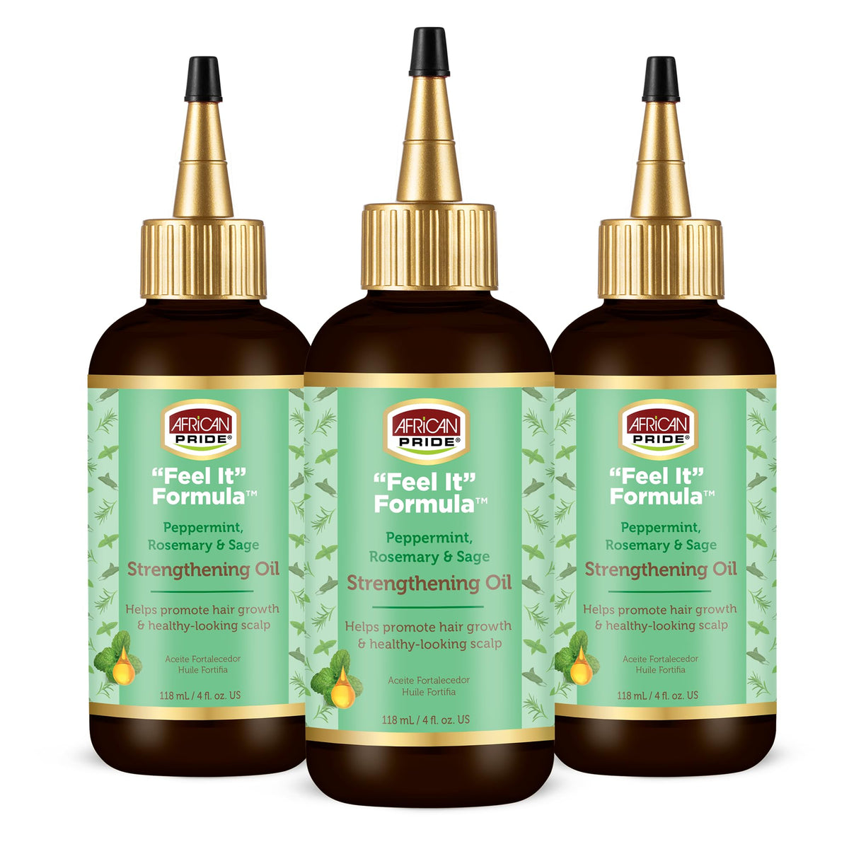 African Pride Feel It Formula oil bottle pour shows nourishing application for stronger strands.