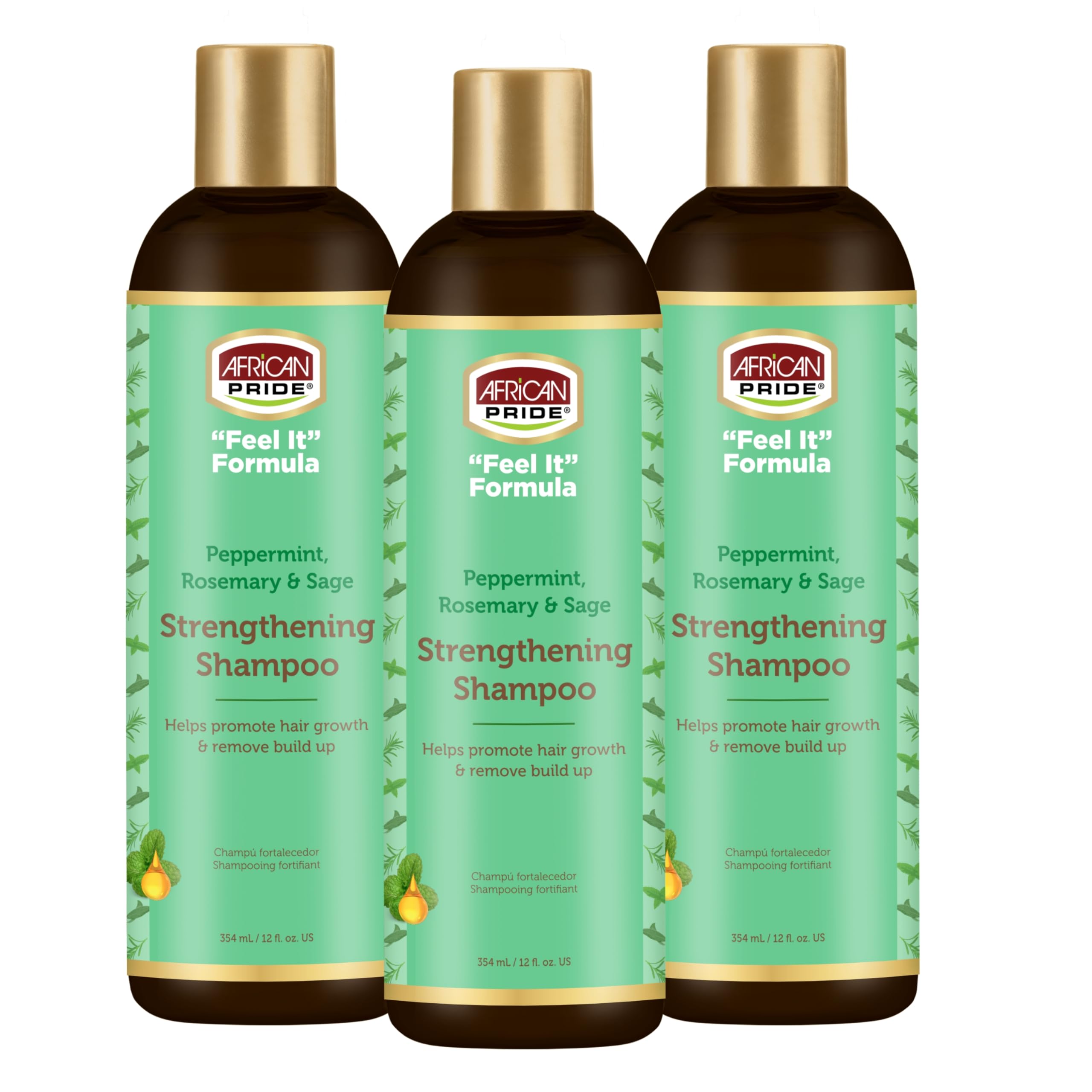African Pride Feel It Formula shampoo bottle shows refreshing mint and herbs for a vibrant scalp