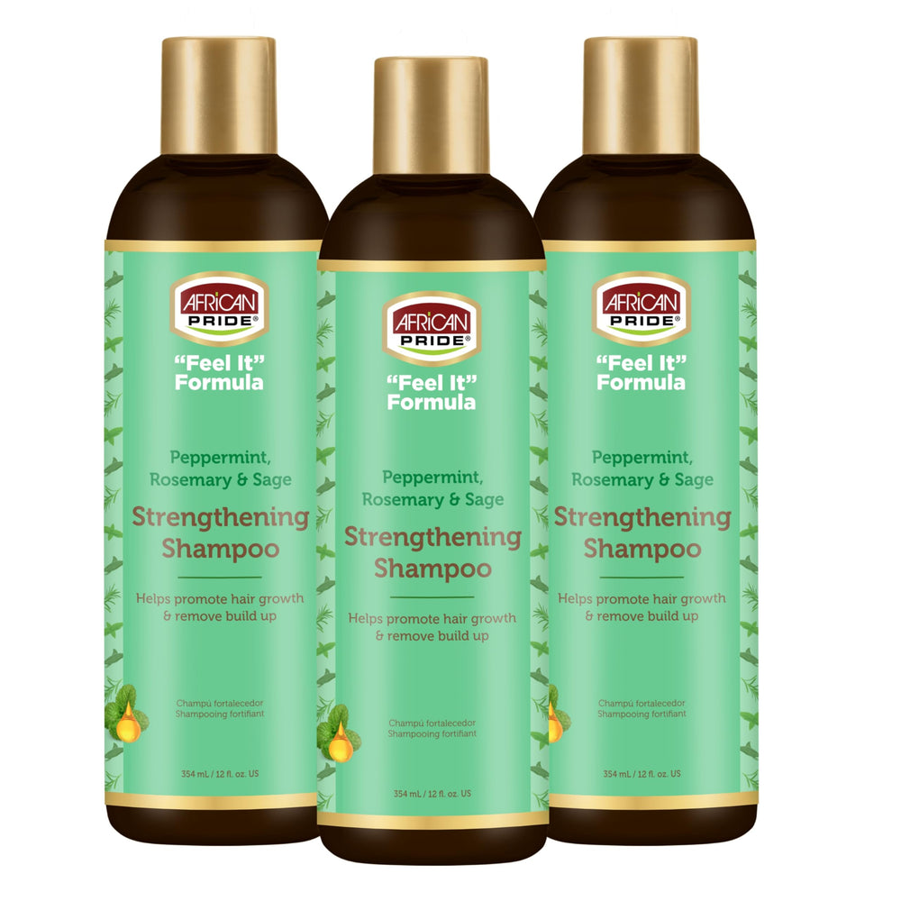 African Pride Feel It Formula shampoo bottle shows refreshing mint and herbs for a vibrant scalp