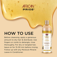 African Pride Moisture Miracle lathering on hair to nourish curls and remove buildup.