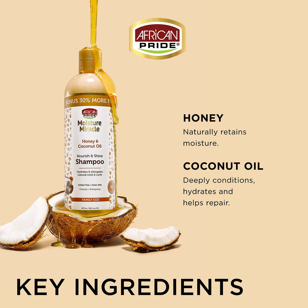 Honey and coconut ingredients near bottle emphasize natural formulation.