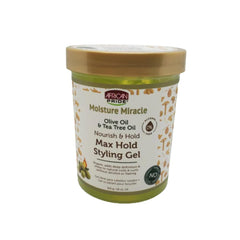 African Pride Moisture Miracle Max Hold Styling Gel bottle with olive oil and tea tree oil for styles.