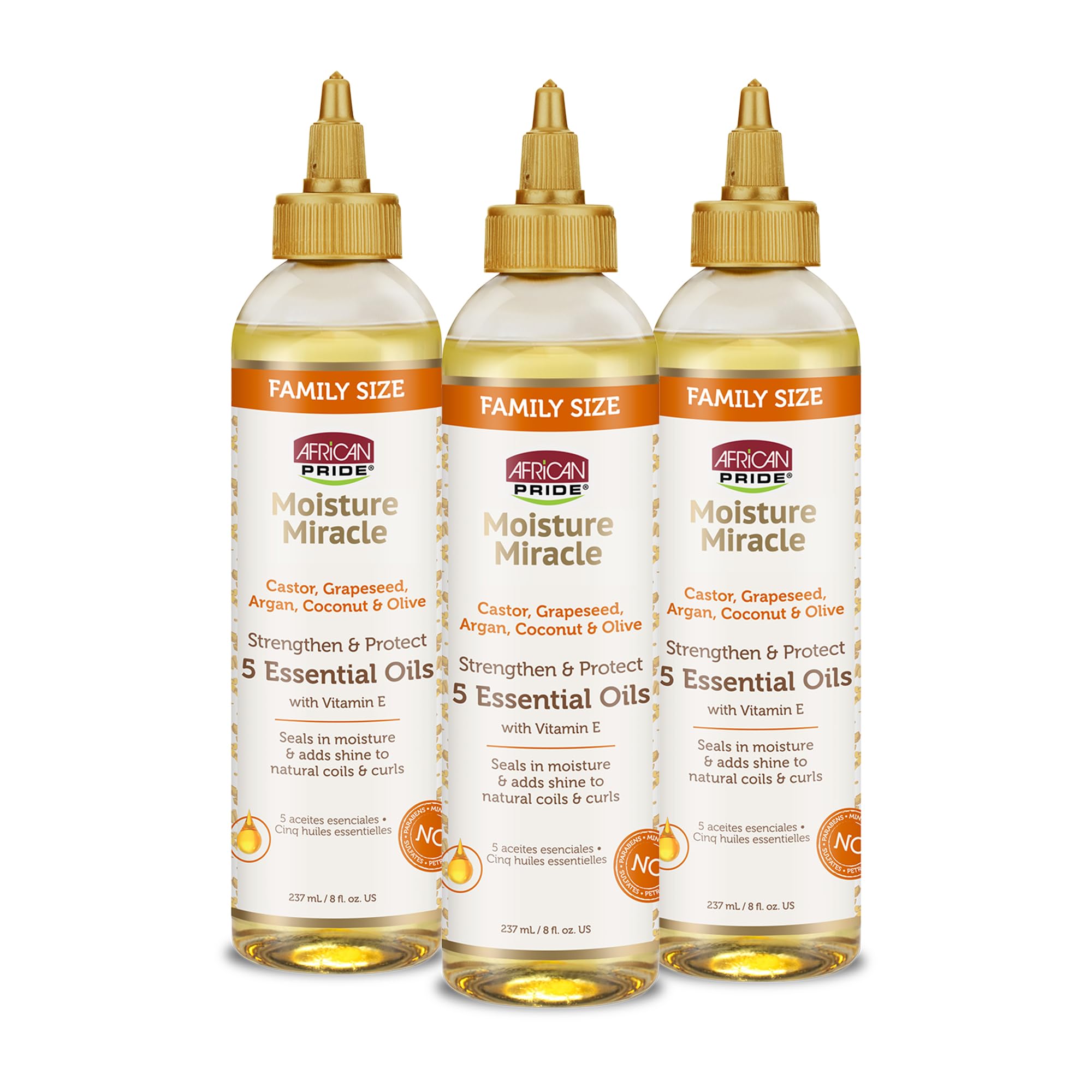 African Pride Moisture Miracle oils bottle shows nourishing blend for moisturized hair.