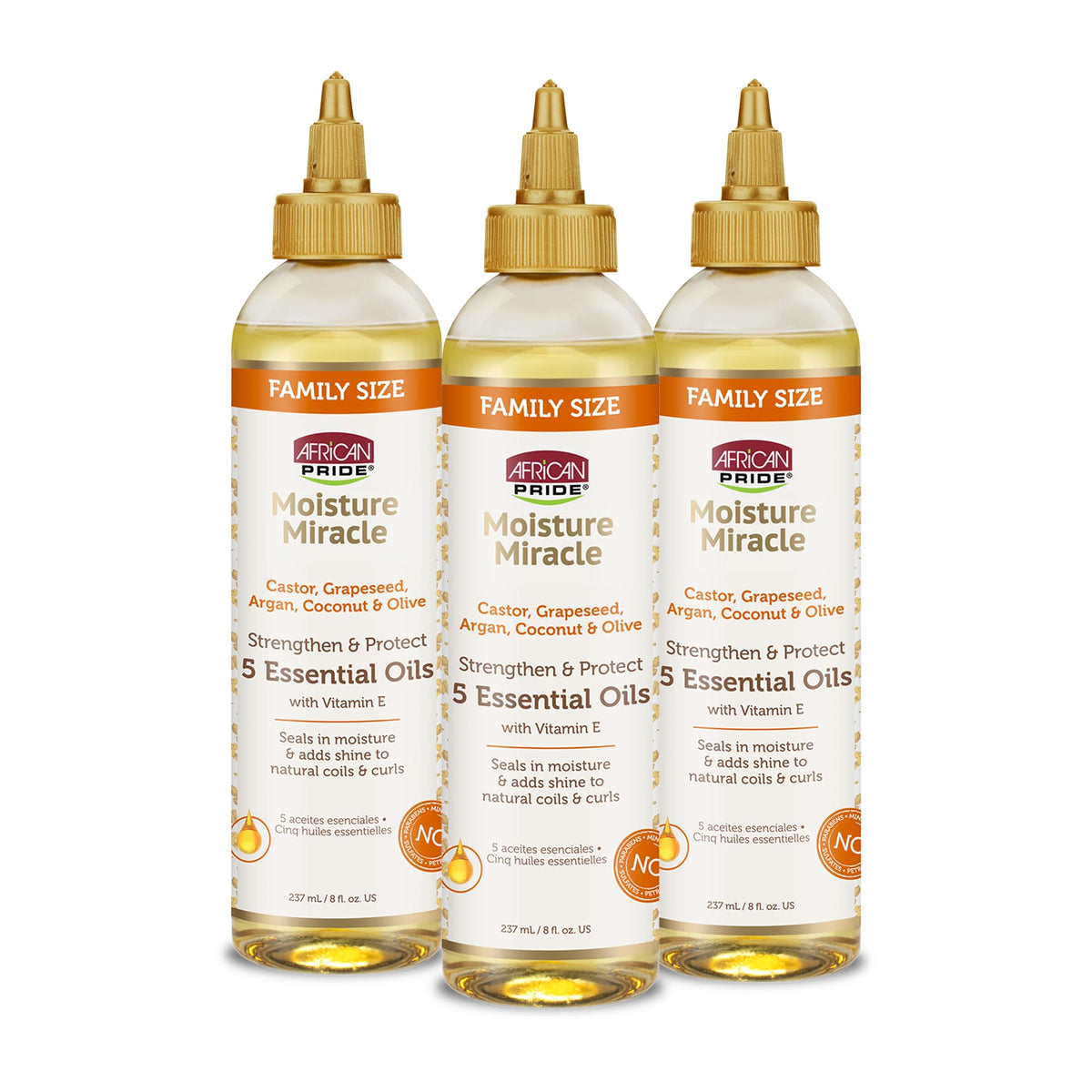 African Pride Moisture Miracle oils bottle shows nourishing blend for moisturized hair.