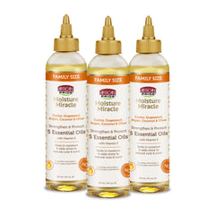 African Pride Moisture Miracle oils bottle shows nourishing blend for moisturized hair.