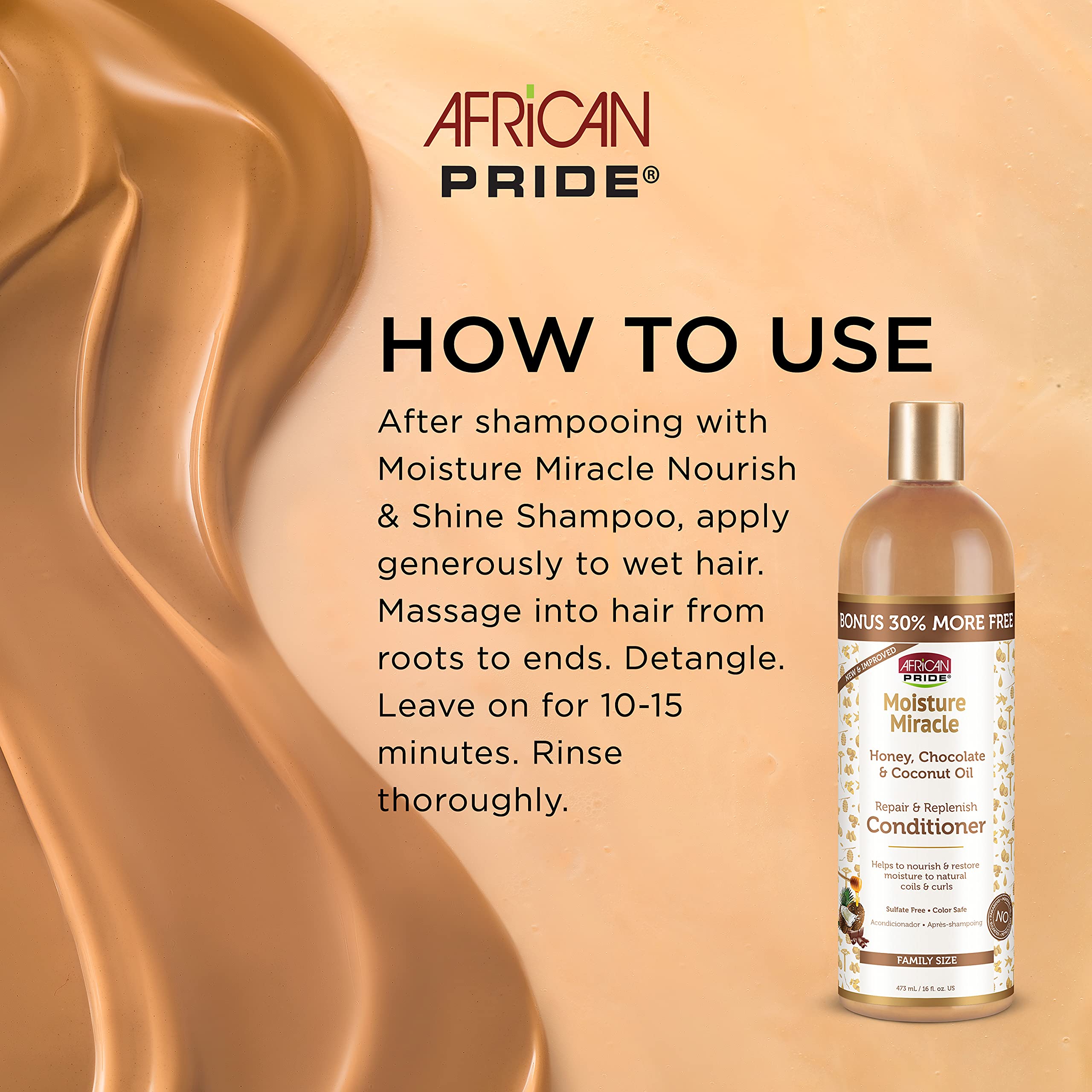 Moisture Miracle bottle close-up highlighting honey and coconut oil shine for natural coils.