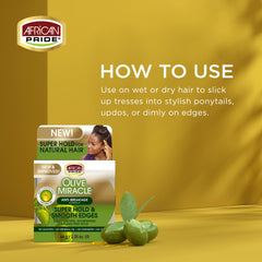 Close-up of African Pride Olive Miracle edge gel texture with non-greasy finish.