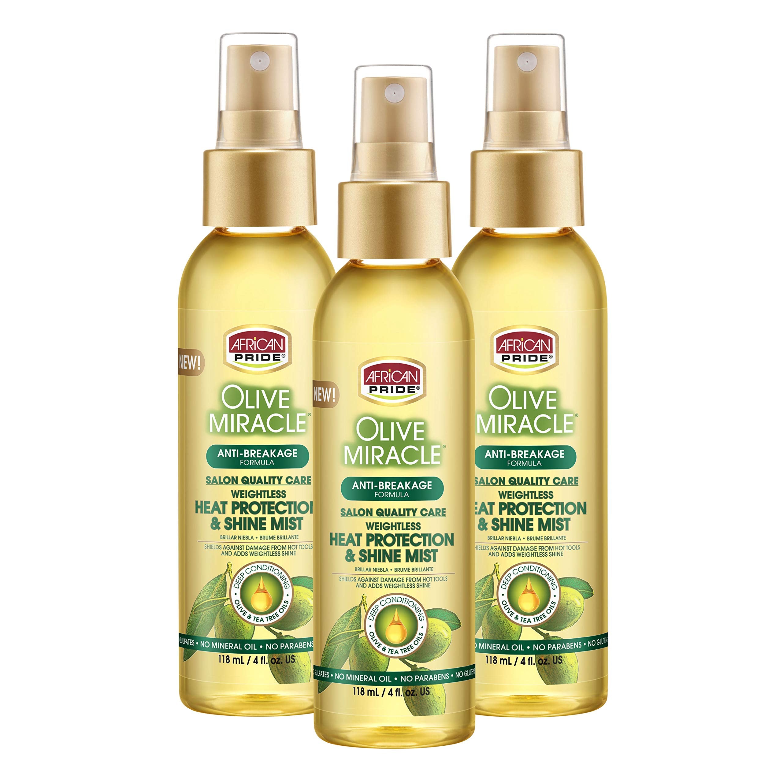 African Pride Olive Miracle heat protection mist bottle ready for weightless shine