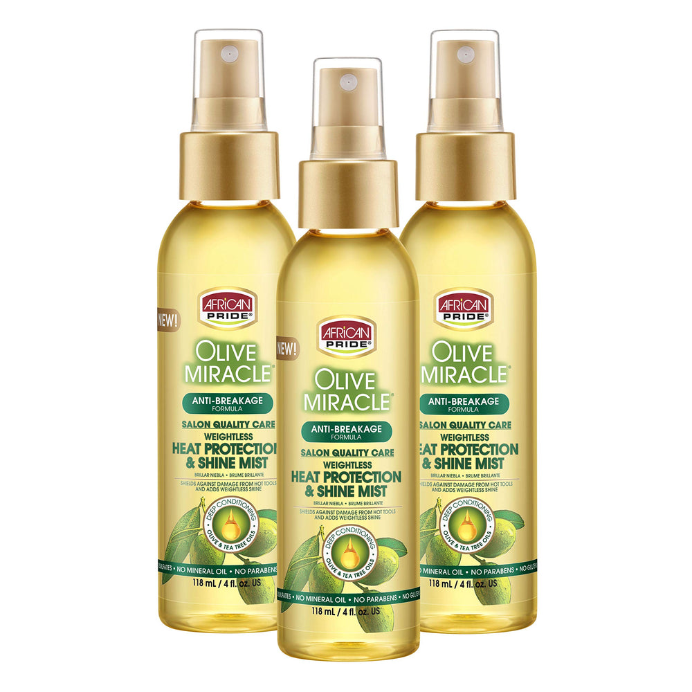 African Pride Olive Miracle heat protection mist bottle ready for weightless shine