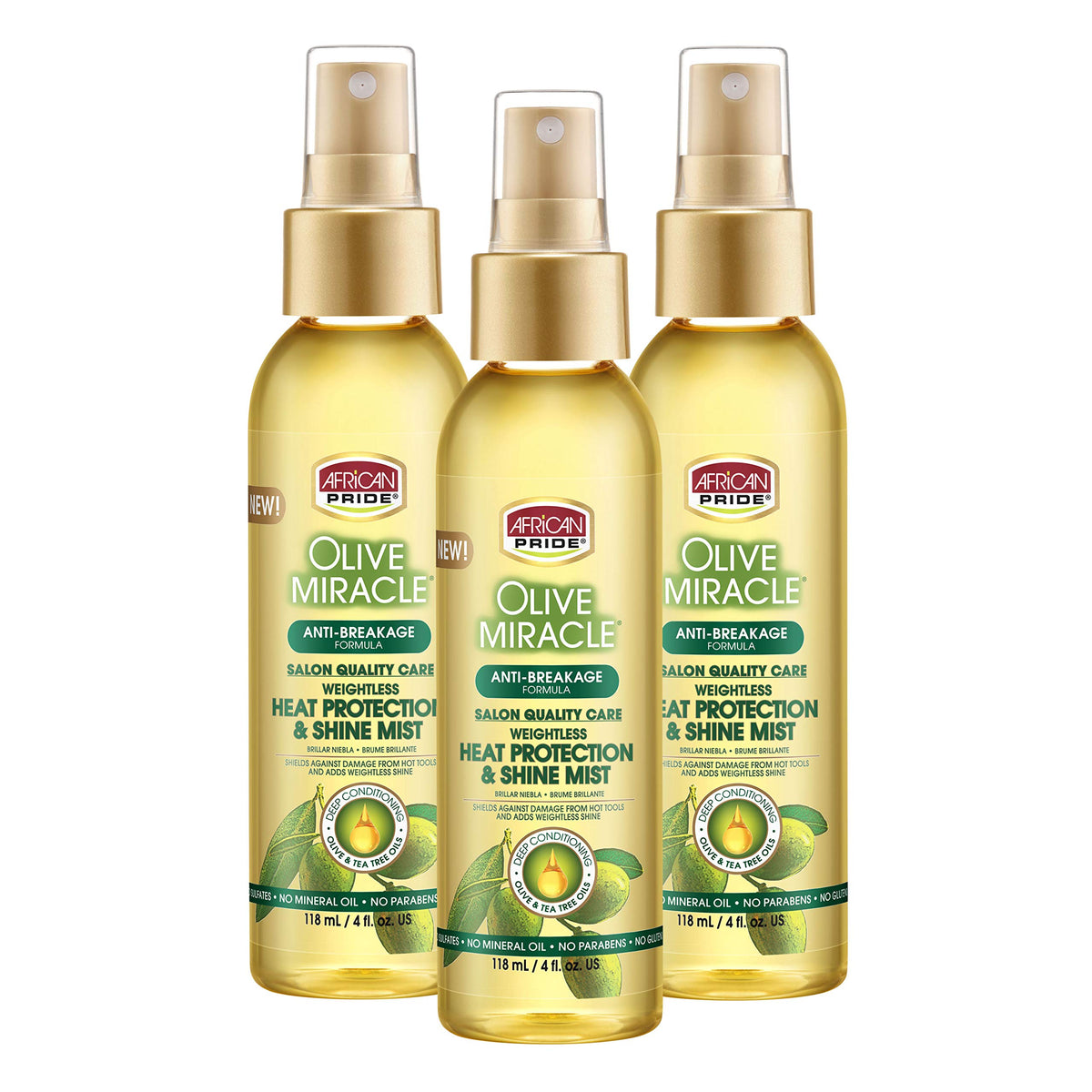 African Pride Olive Miracle heat protection mist bottle ready for weightless shine