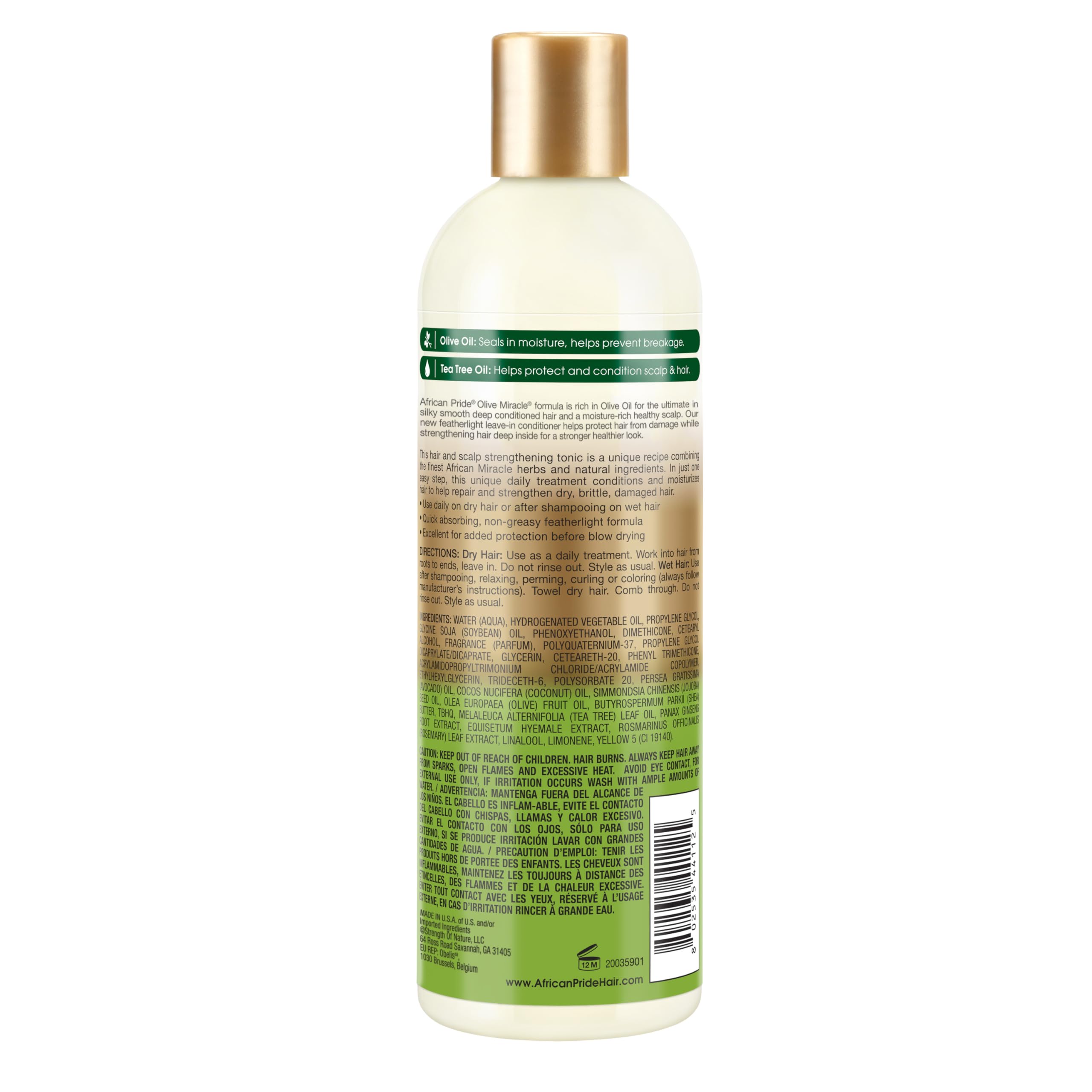 Close-up of African Pride Olive Miracle Leave-In Bottle highlights featherlight conditioning.