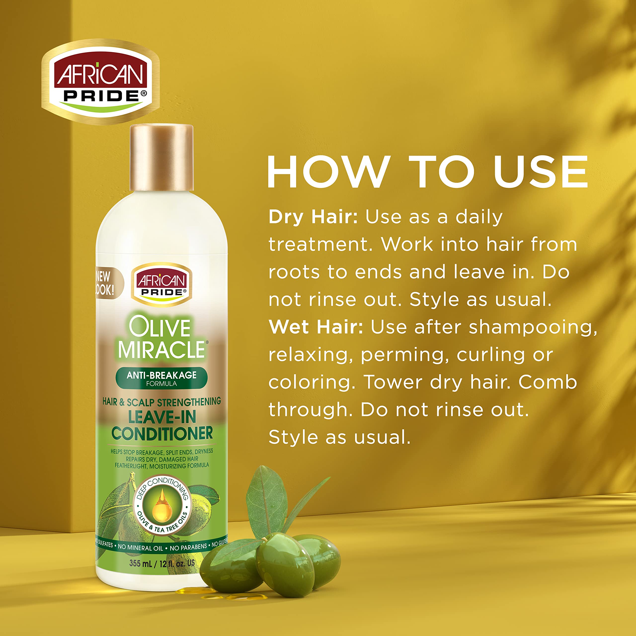 Packaged box with African Pride Olive Miracle Leave-In suggests travel-friendly hydration.