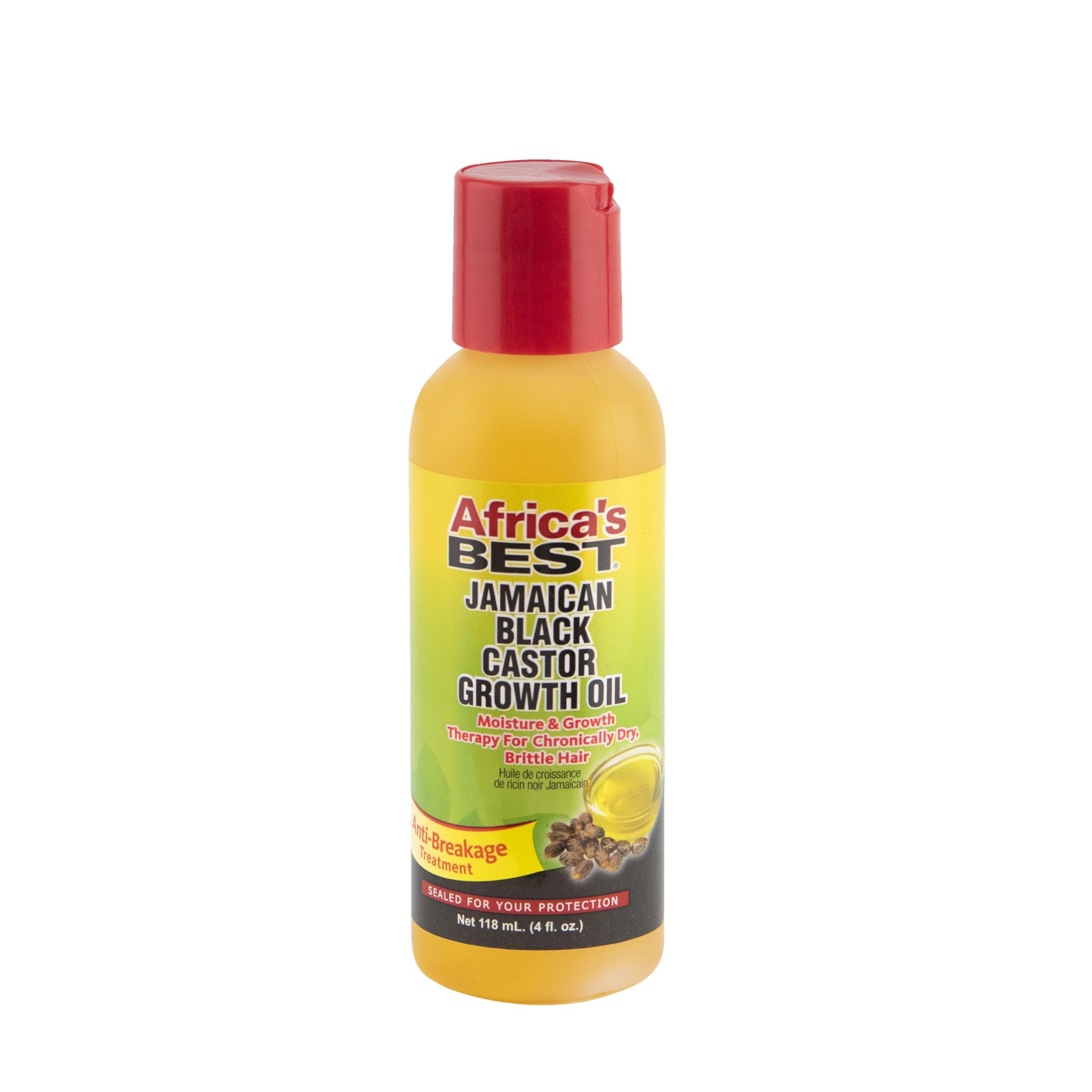 Africa's Best Jamaican Black Castor Growth Oil bottle highlighting dry scalp relief.