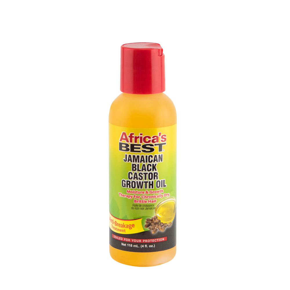 Africa's Best Jamaican Black Castor Growth Oil bottle highlighting dry scalp relief.