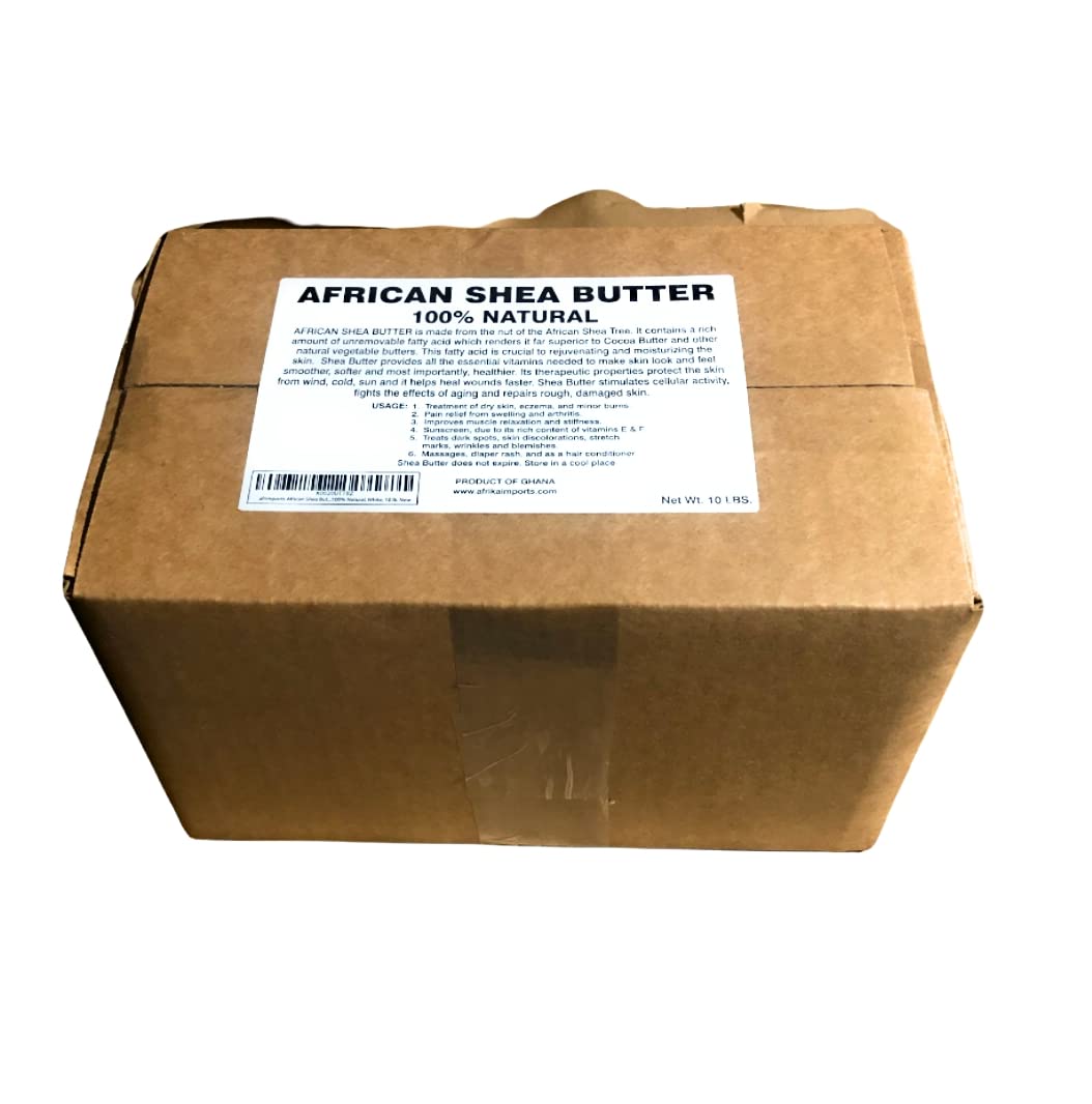 afrimports African Shea Butter 10 lb tub; smooth white texture for skin and hair care.