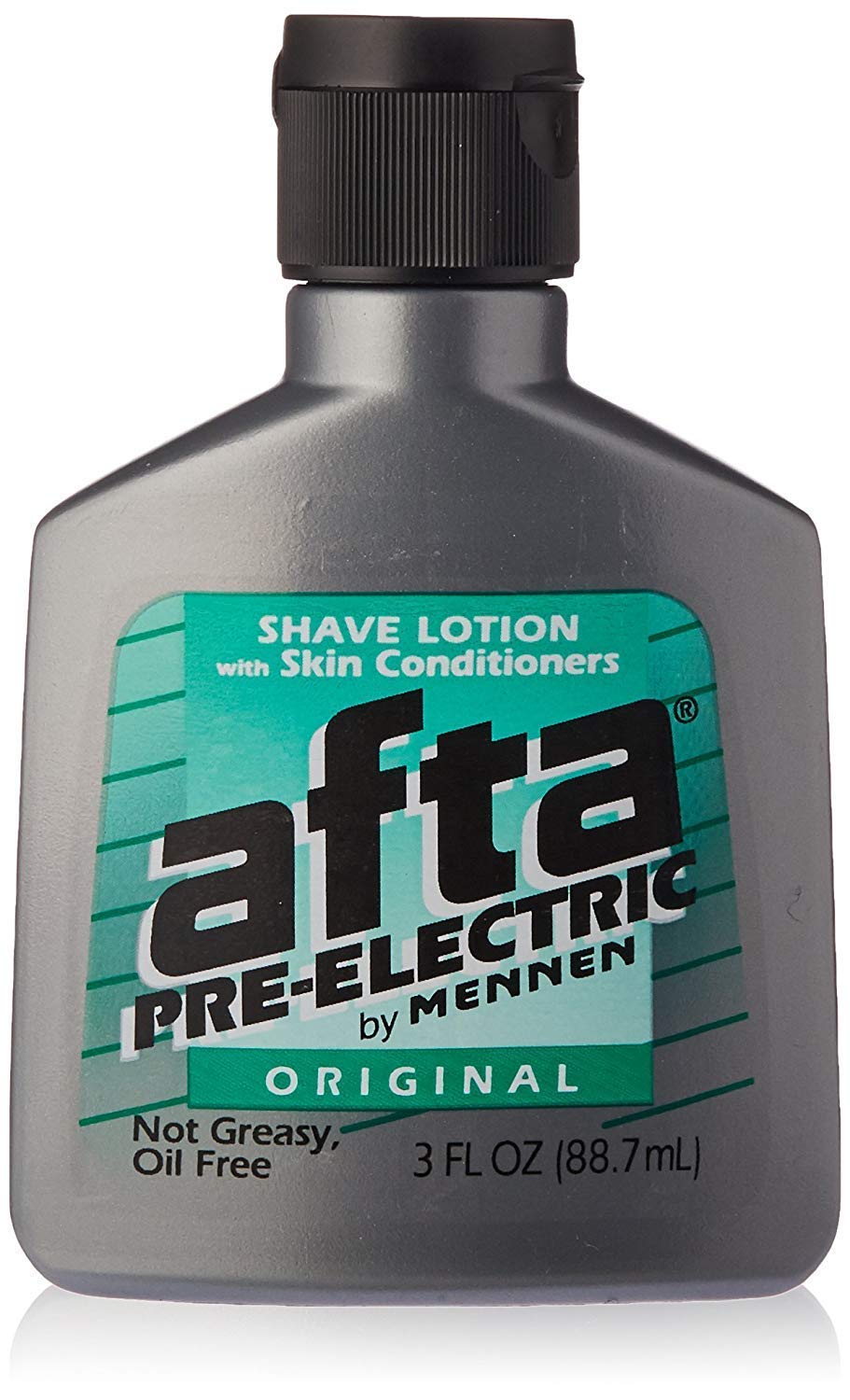 AFTA pre-electric shave lotion bottle showing oil-free, non-greasy formula.