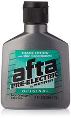 AFTA pre-electric shave lotion bottle showing oil-free, non-greasy formula.