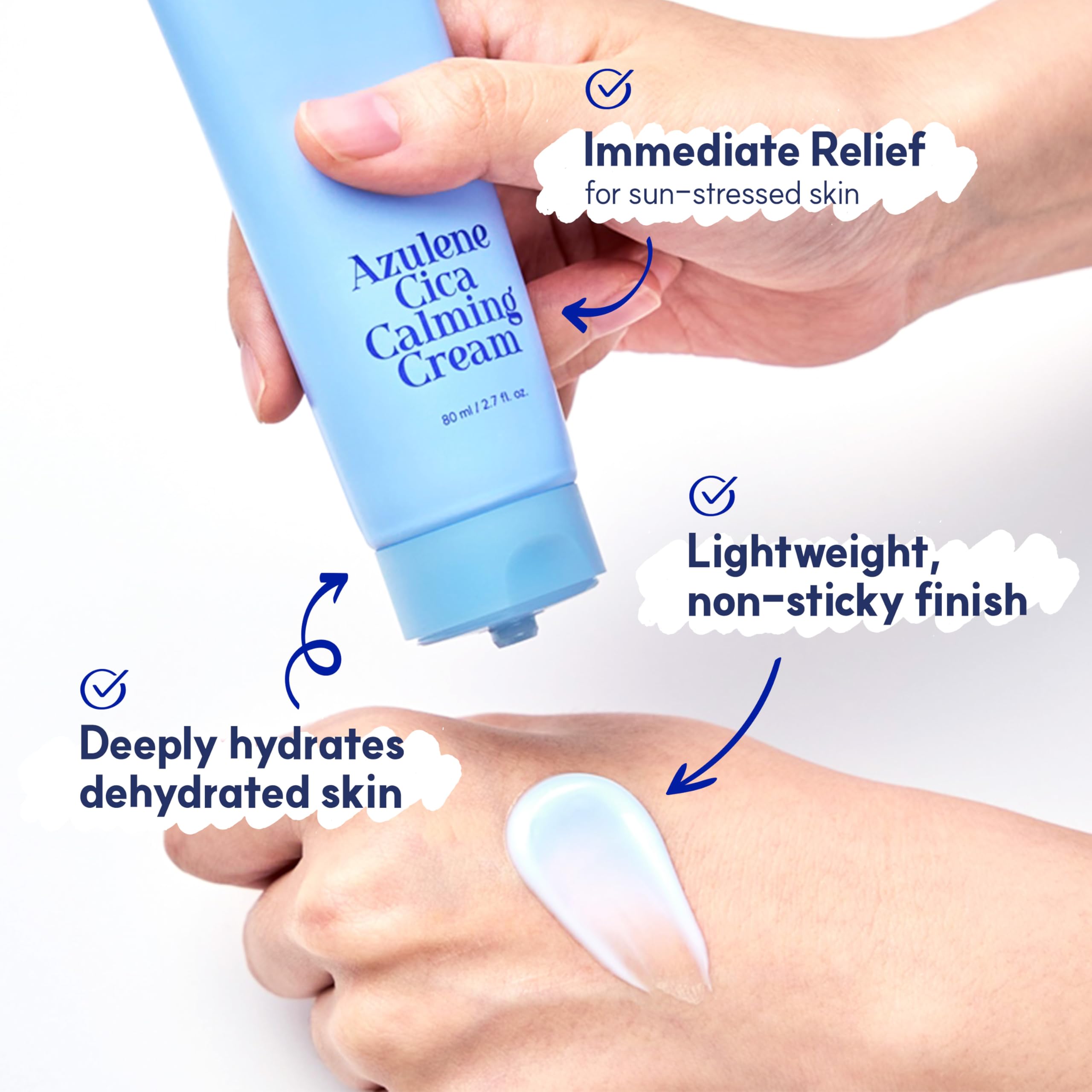 Product on hand demonstrating easy spreading of AfterLAB Azulene Cica Cream.