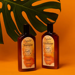 Agadir Argan Oil conditioner being combed through strands for detangling.