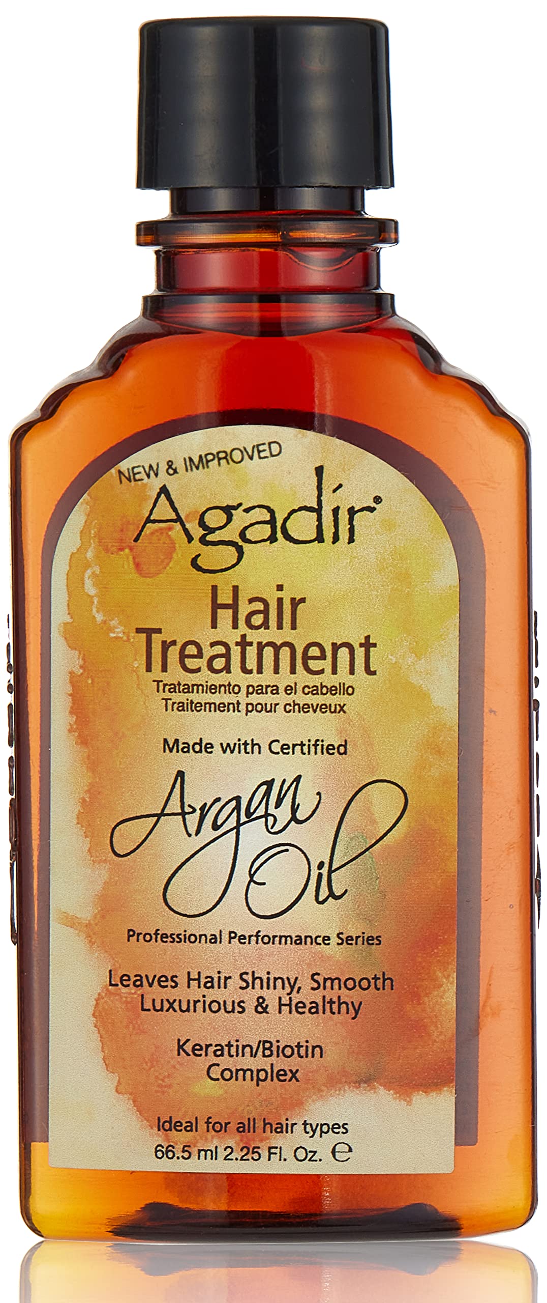 Agadir Argan Oil Hair Treatment bottle close-up shows radiant shine and smoothness.