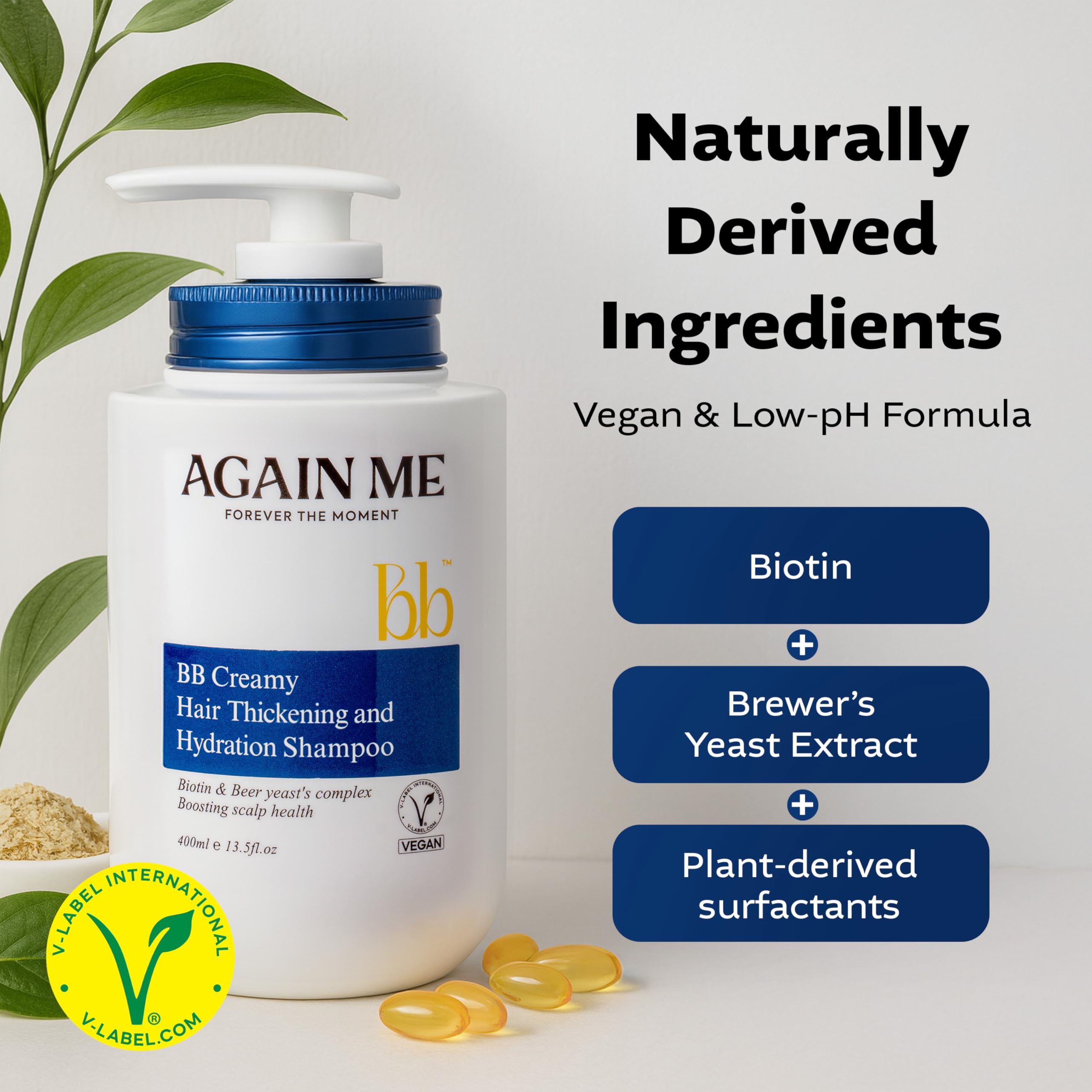 Again me biotin hyaluronic acid ingredients highlight nourishing, hydrating scalp support.