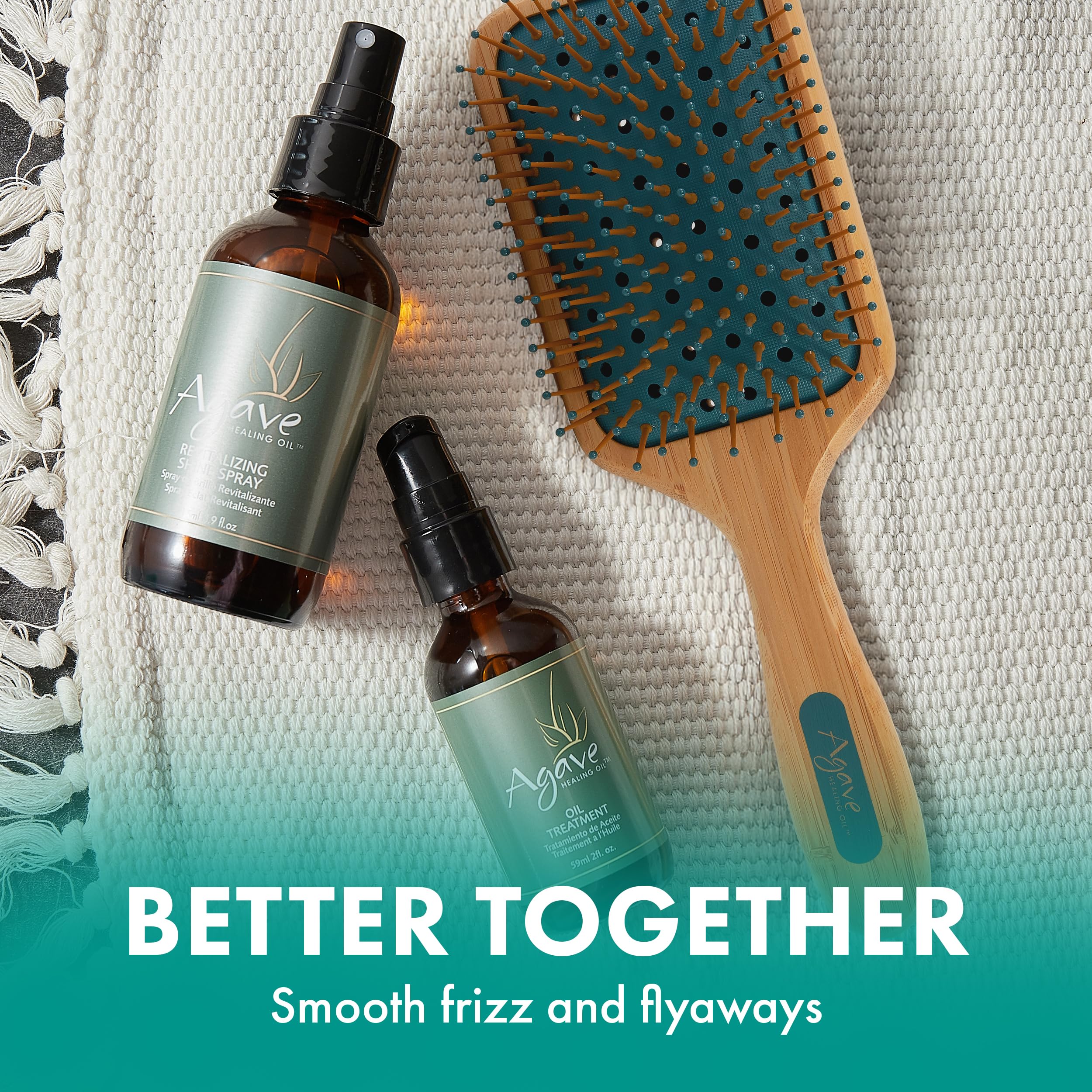 Agave Healing Oil bamboo paddle brush on dry hair with oil enhances detangling.