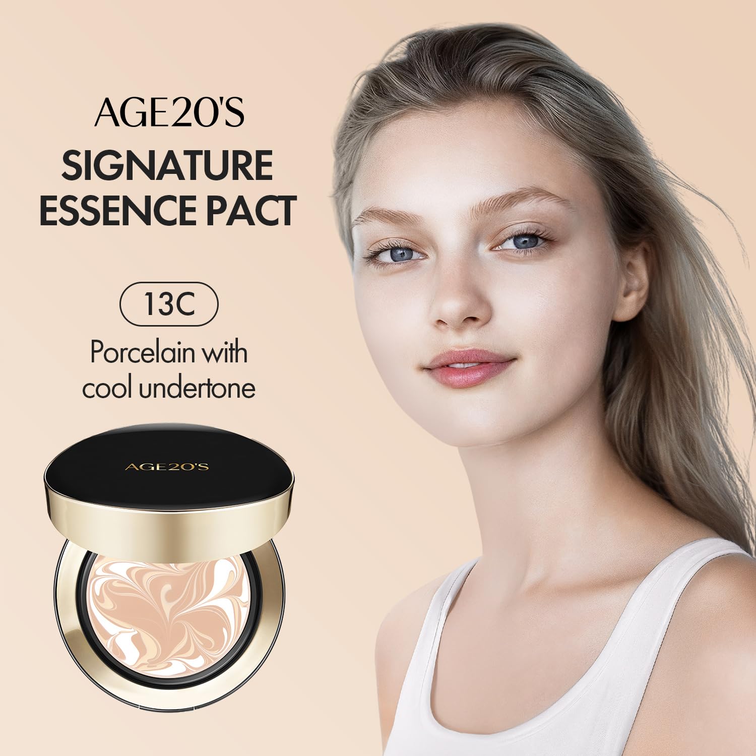 AGE20'S Pact buildable coverage swatch showing layer-able formula.