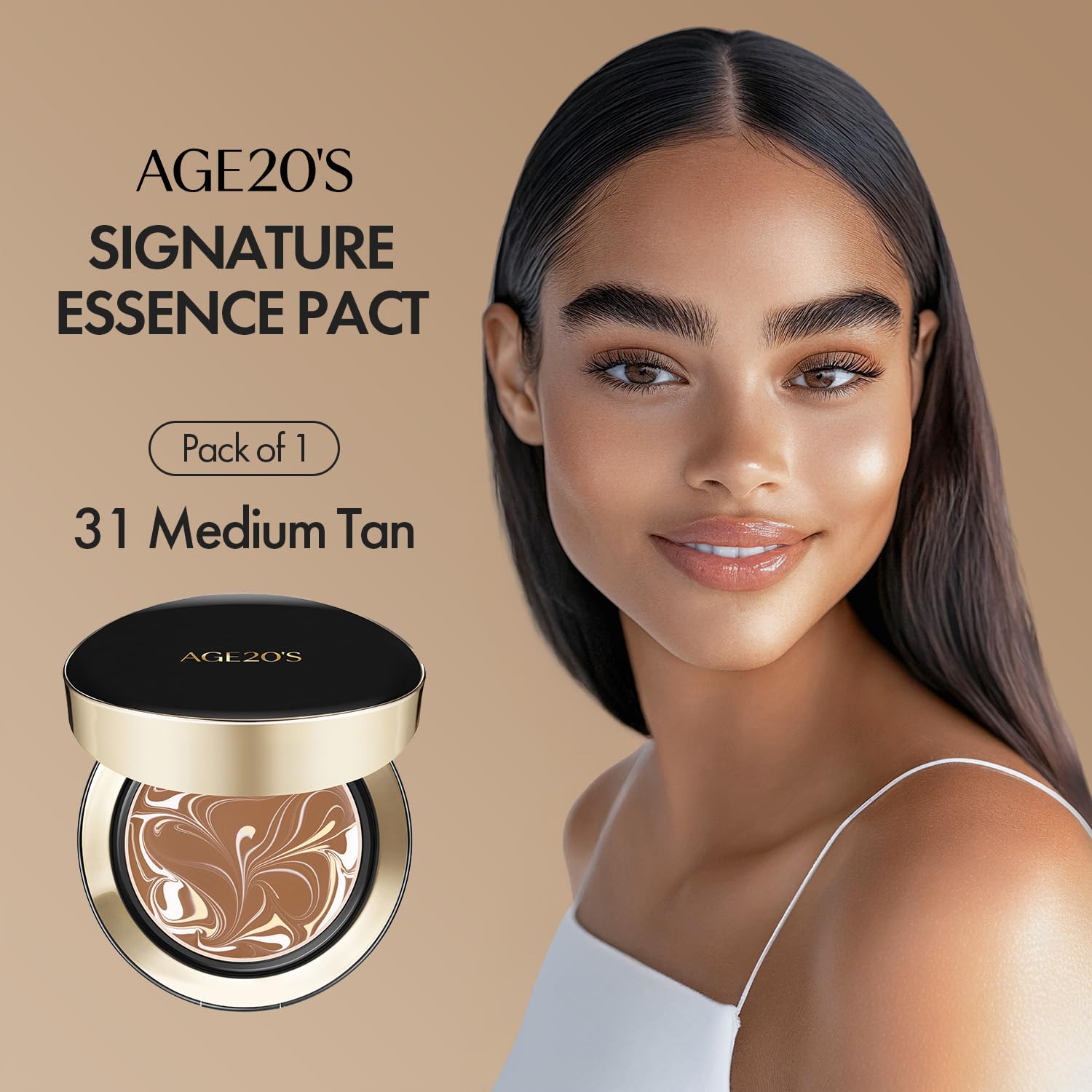 AGE 20's Signature Essence Pact SPF50 latte concept offers balanced color correction.