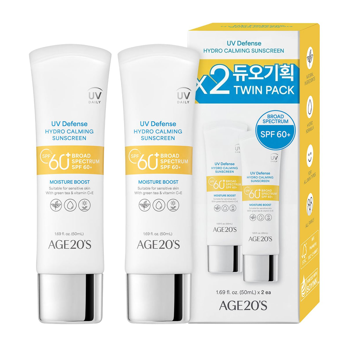 AGE20'S UV Defense Hydro Calming Sunscreen bottle front view for everyday sun protection