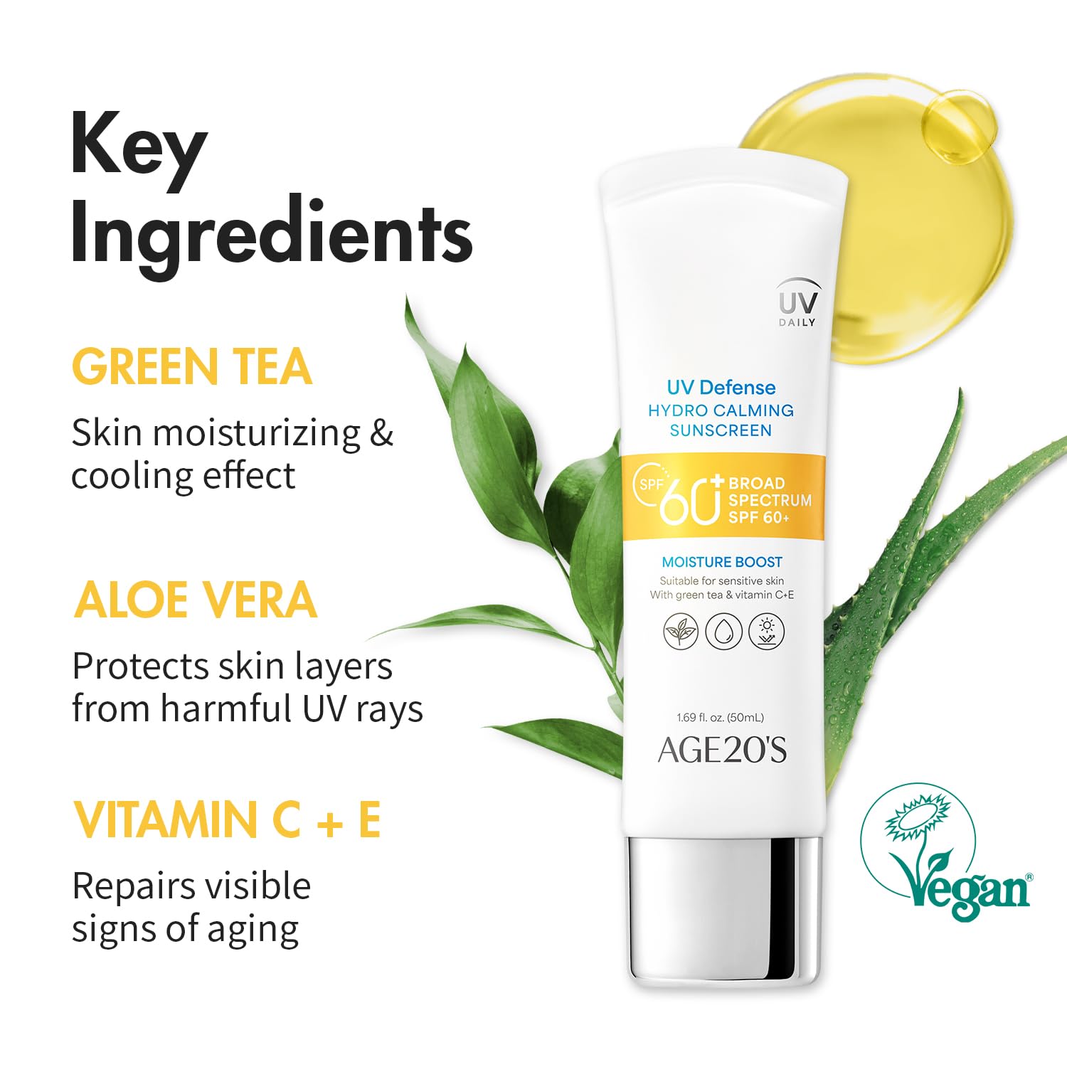 AGE 20's UV Defense packaging shows green tea motif and Dermatest Excellent badge