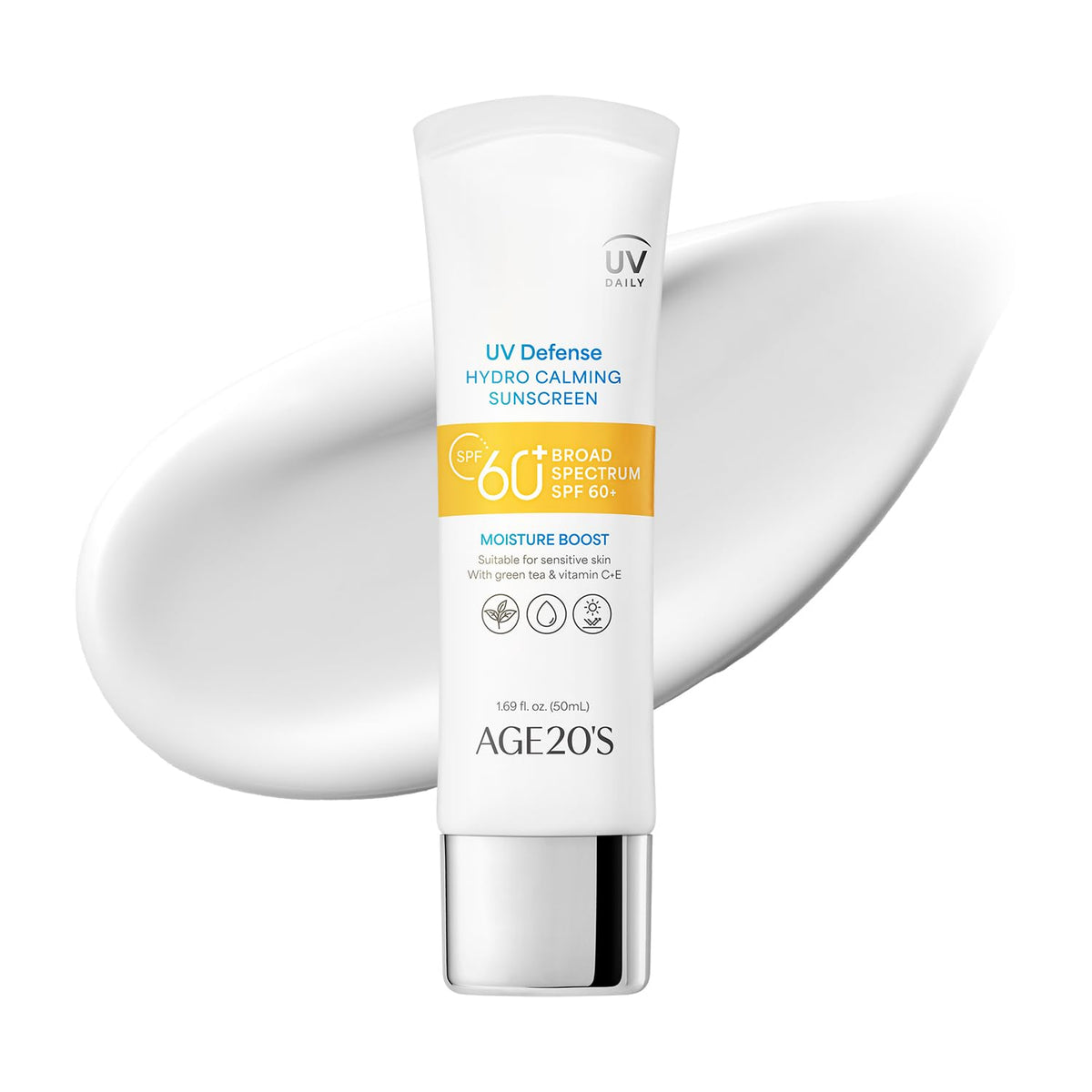 AGE 20's UV Defense sunscreen bottle shows creamy texture and SPF 60+ protection
