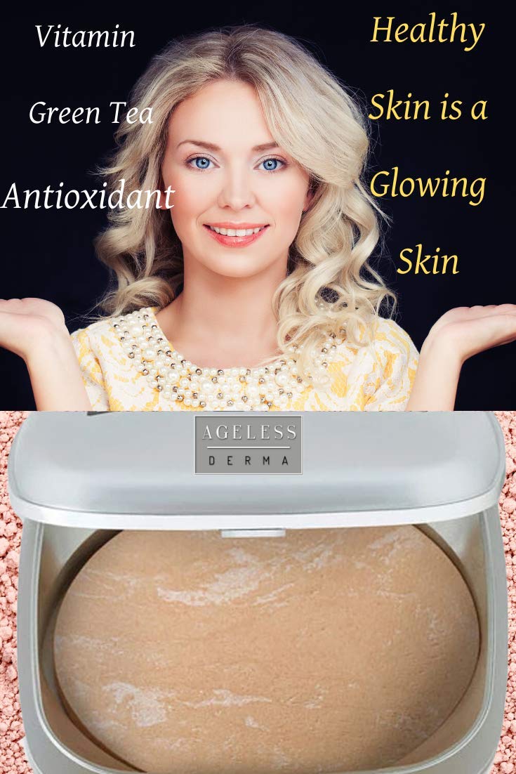 Close-up of Ageless Derma mineral finish enhancing an even skin tone.