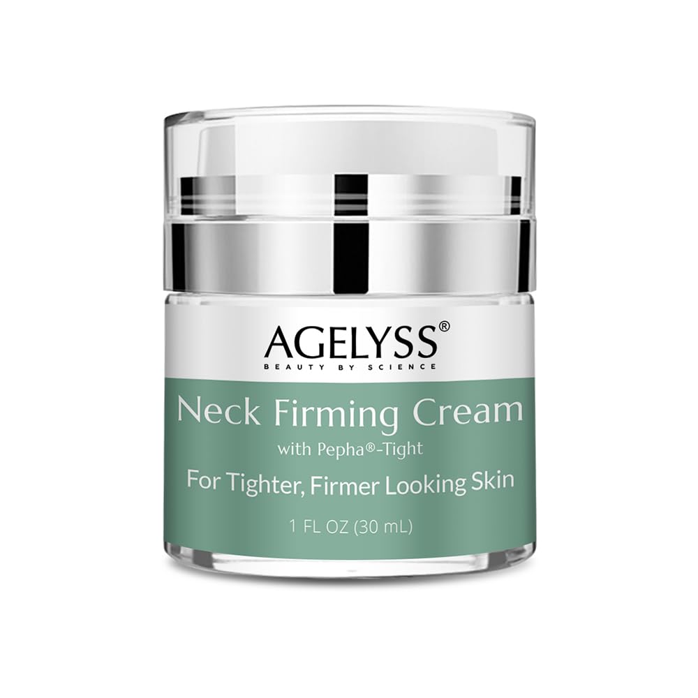 Agelyss Neck Firming Cream bottle closeup highlighting hydration-supporting formula.