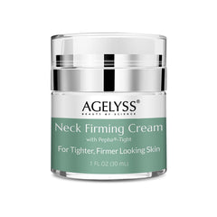 Agelyss Neck Firming Cream bottle closeup highlighting hydration-supporting formula.