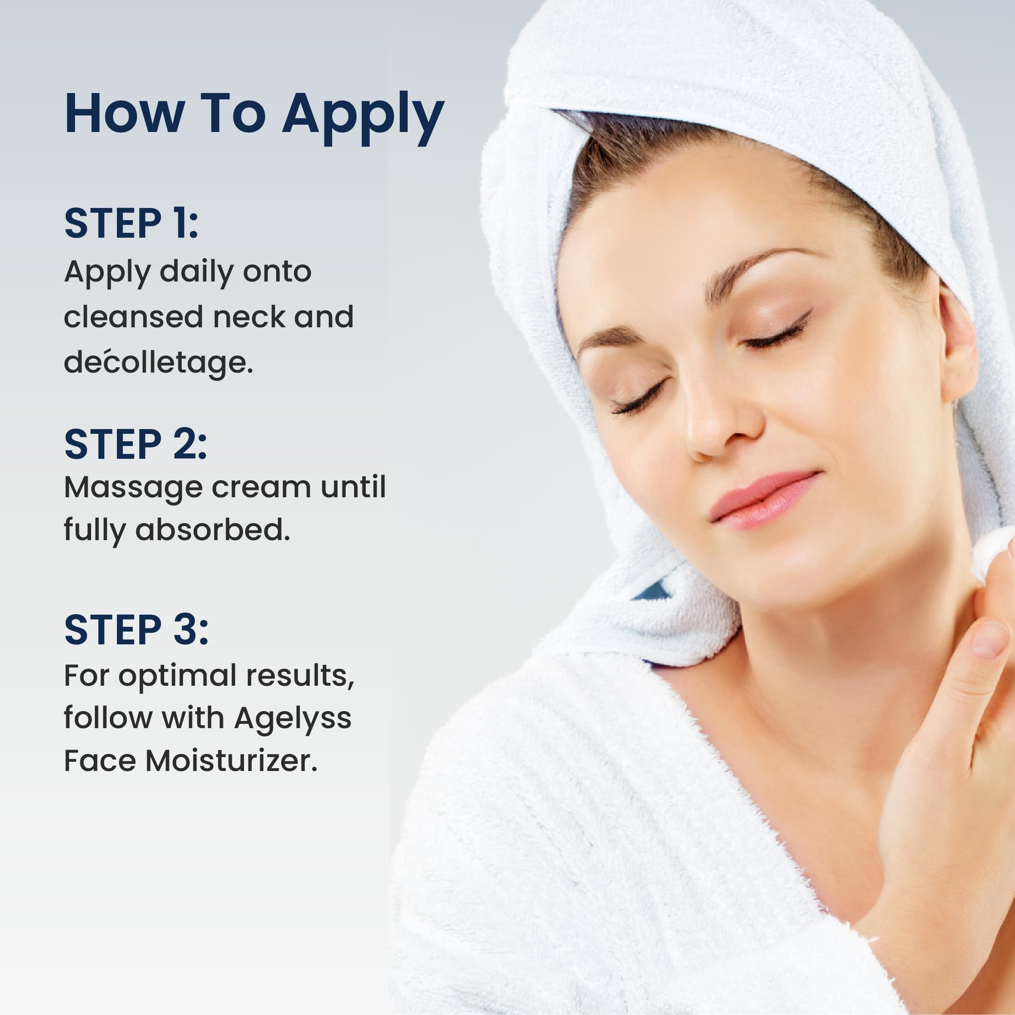 Hands holding Agelyss Neck Firming Cream package, premium vegan, cruelty-free branding.