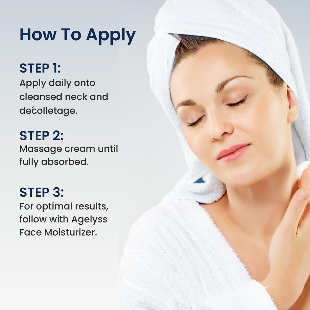 Hands holding Agelyss Neck Firming Cream package, premium vegan, cruelty-free branding.