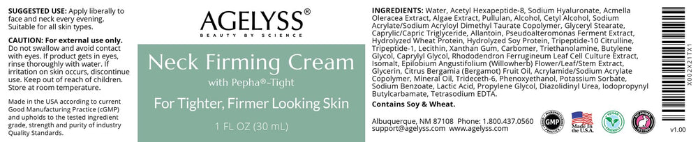 Closeup of Agelyss Neck Firming Cream tube label for easy daily application.