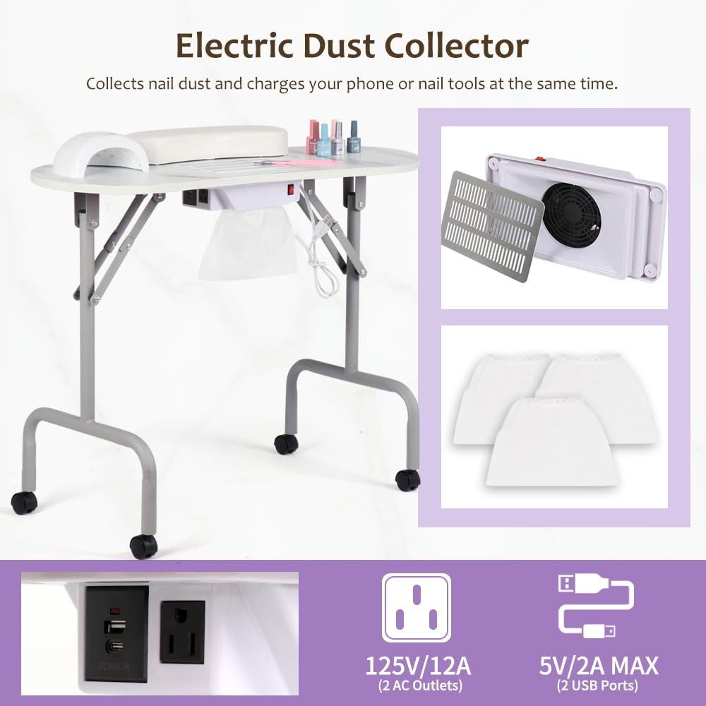 AGESISI foldable nail table with four lockable wheels for stable positioning