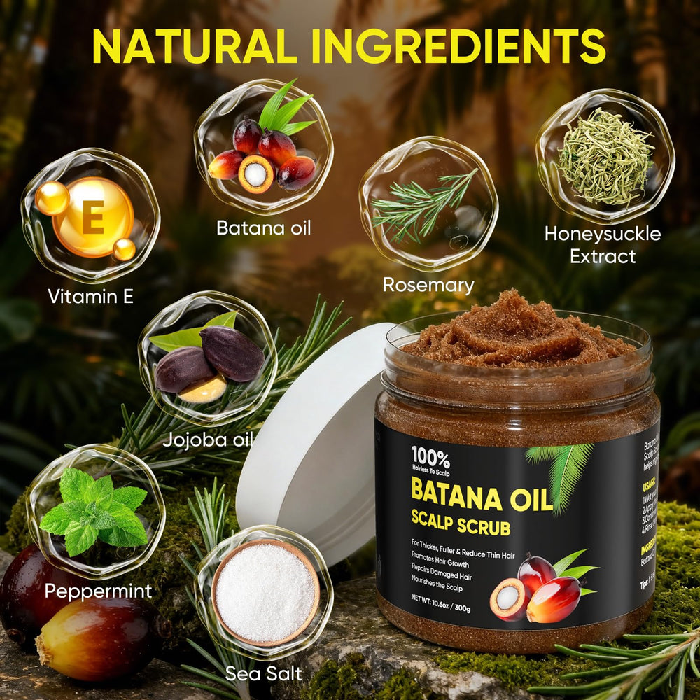 Agodafoo Batana Oil Scalp Scrub before-after image hints at fuller-looking hair