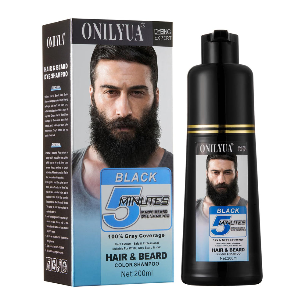 Agthyuve men's black beard dye bottle closeup showing rich gray coverage