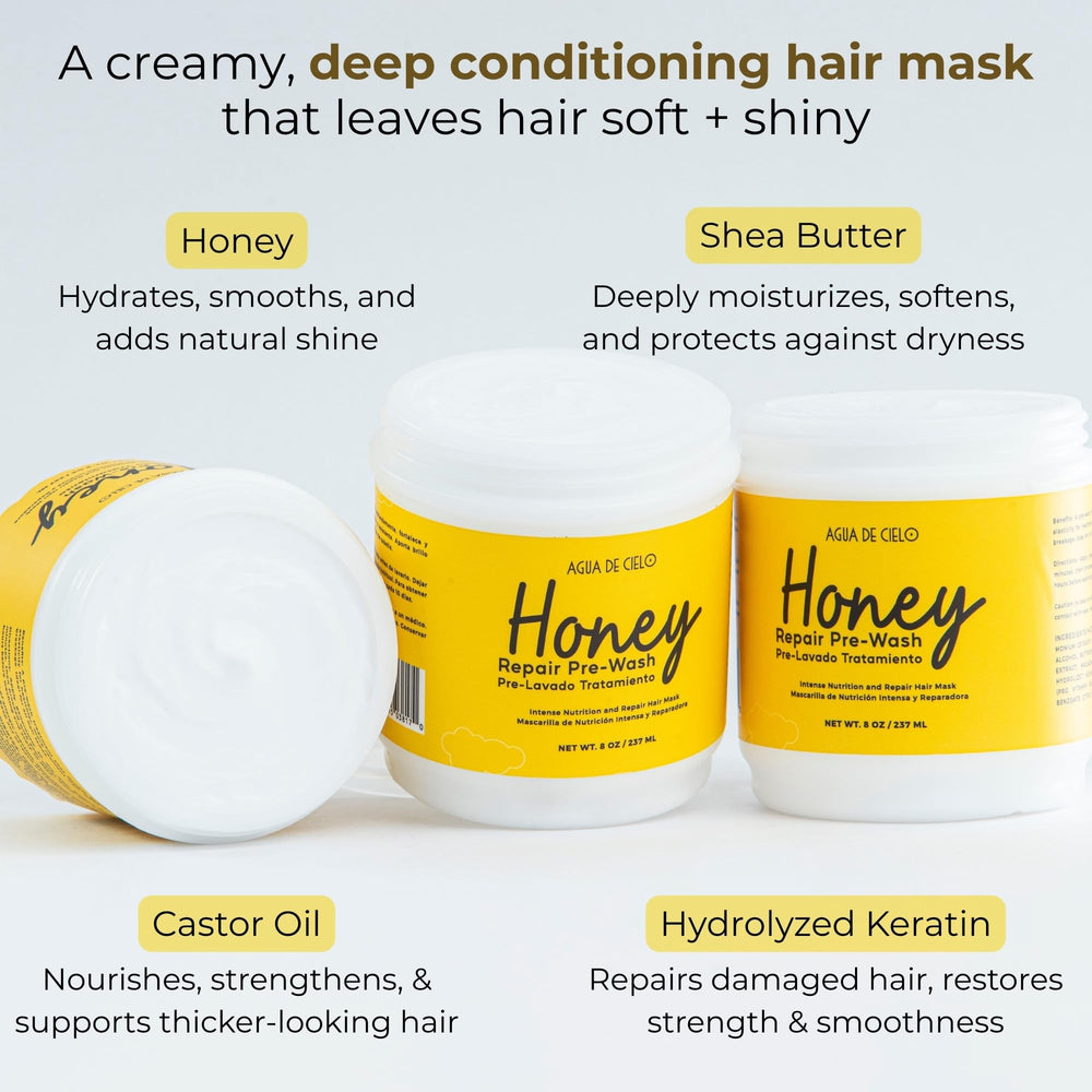 Agua de Cielo Honey Repair label highlights honey and keratin ingredients