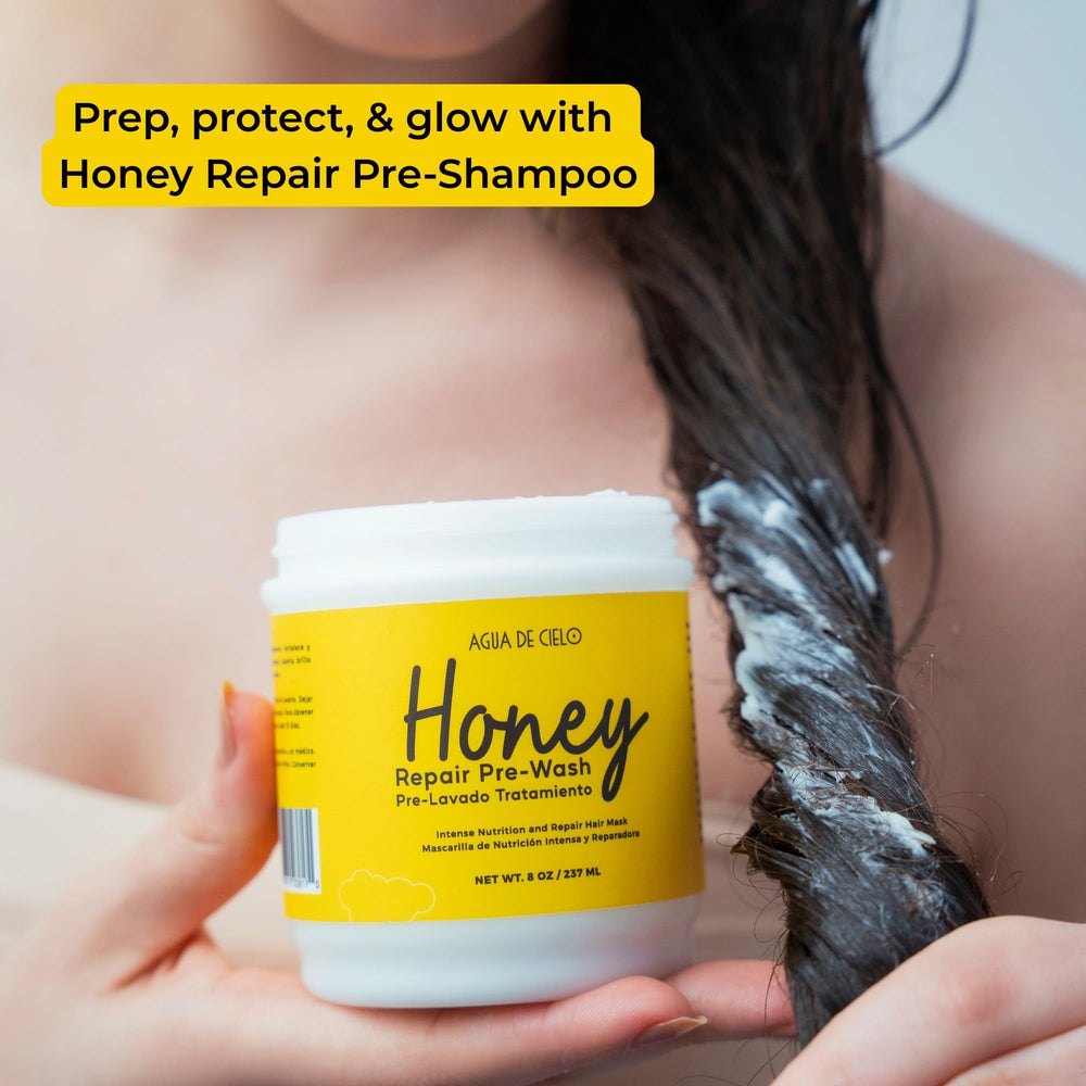 Wet hair after rinse shows smoother, more manageable strands with Agua de Cielo Honey Repair