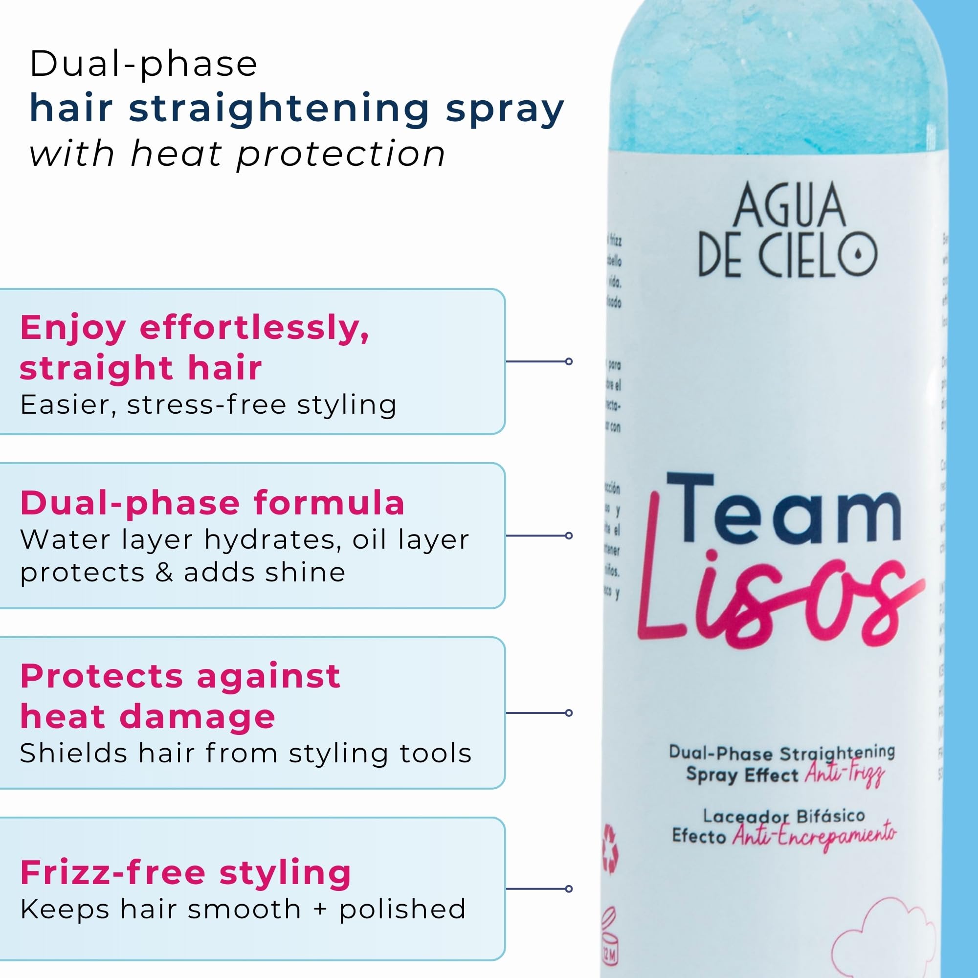 Agua de Cielo Team Lisos bottle contents mixing for hydrated, softer strands.